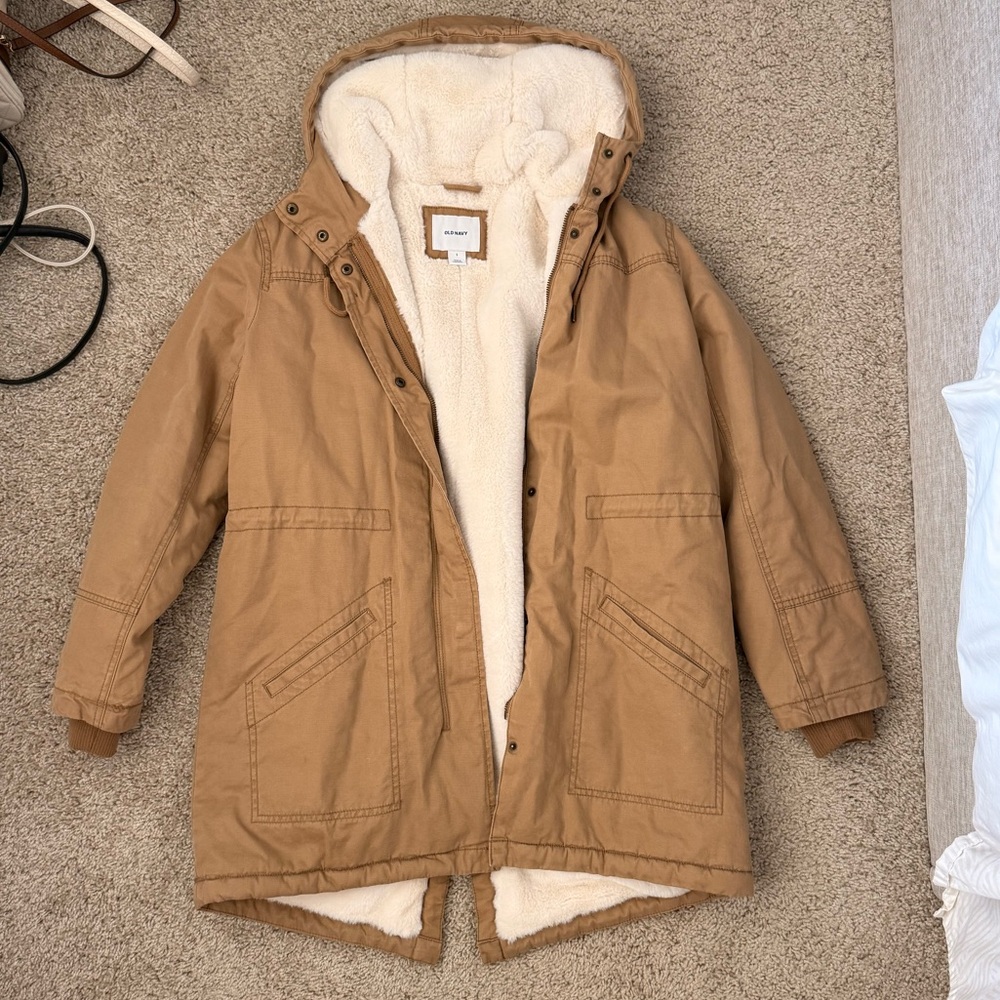 Old Navy Tan Hooded Jacket with Cream Lining
